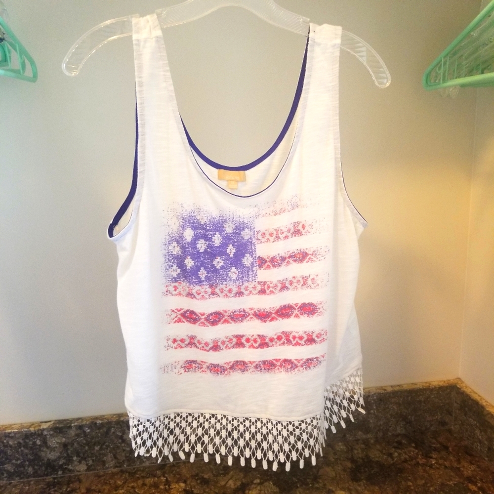 White Sleeveless Cropped Tank Top with American Flag Design